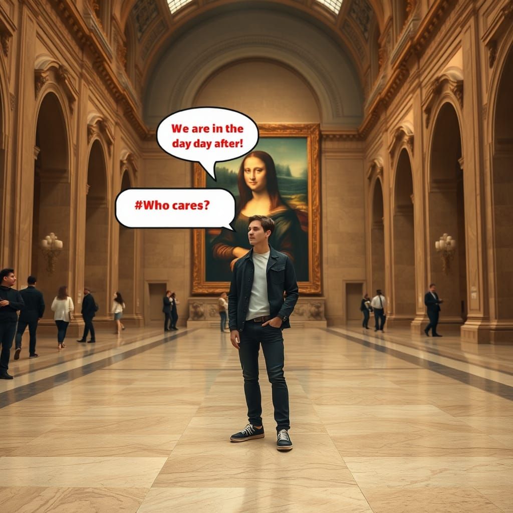 Man's Indifference to Mona Lisa in Hyperrealistic Scene