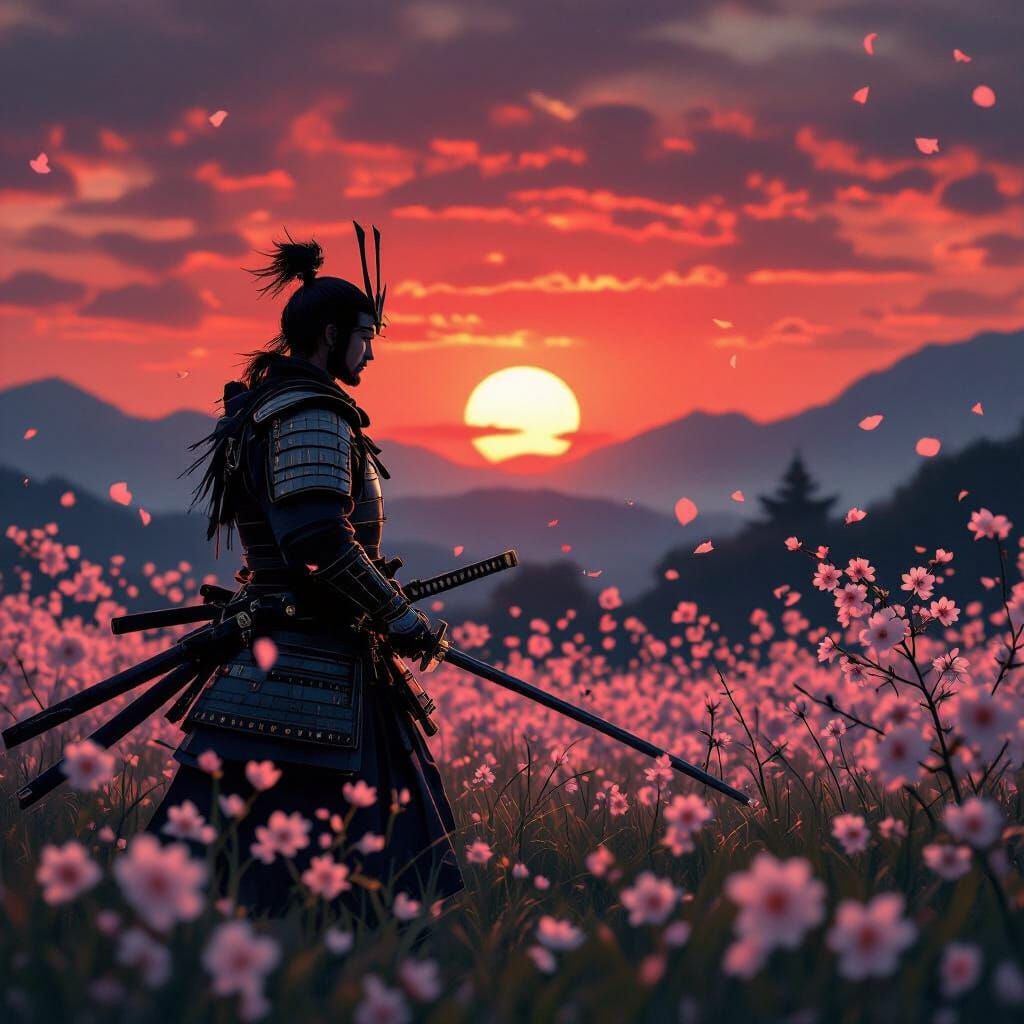 Samurai Silhouette with Cherry Blossoms at Sunset