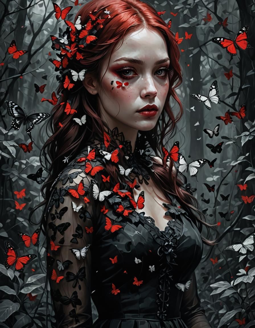 Monochromatic Woman with Red Butterflies in Digital Painting