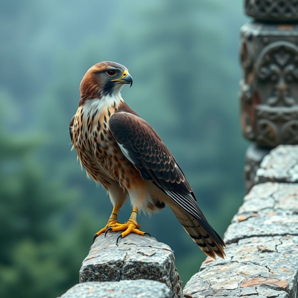 Focused Falcon on Ancient Ruin, Photorealistic Detail