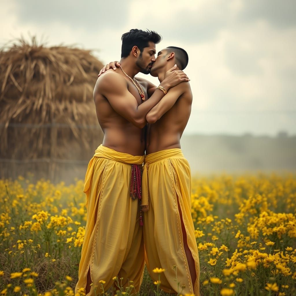 Two Indian Men Embrace in Mustard Field, Romantic Style