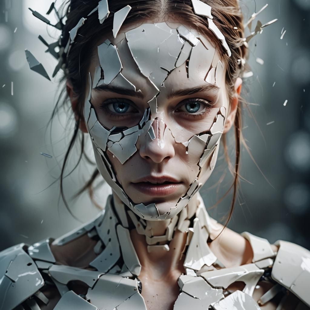 Broken Android Portrait: Digital Art with Porcelain Shards