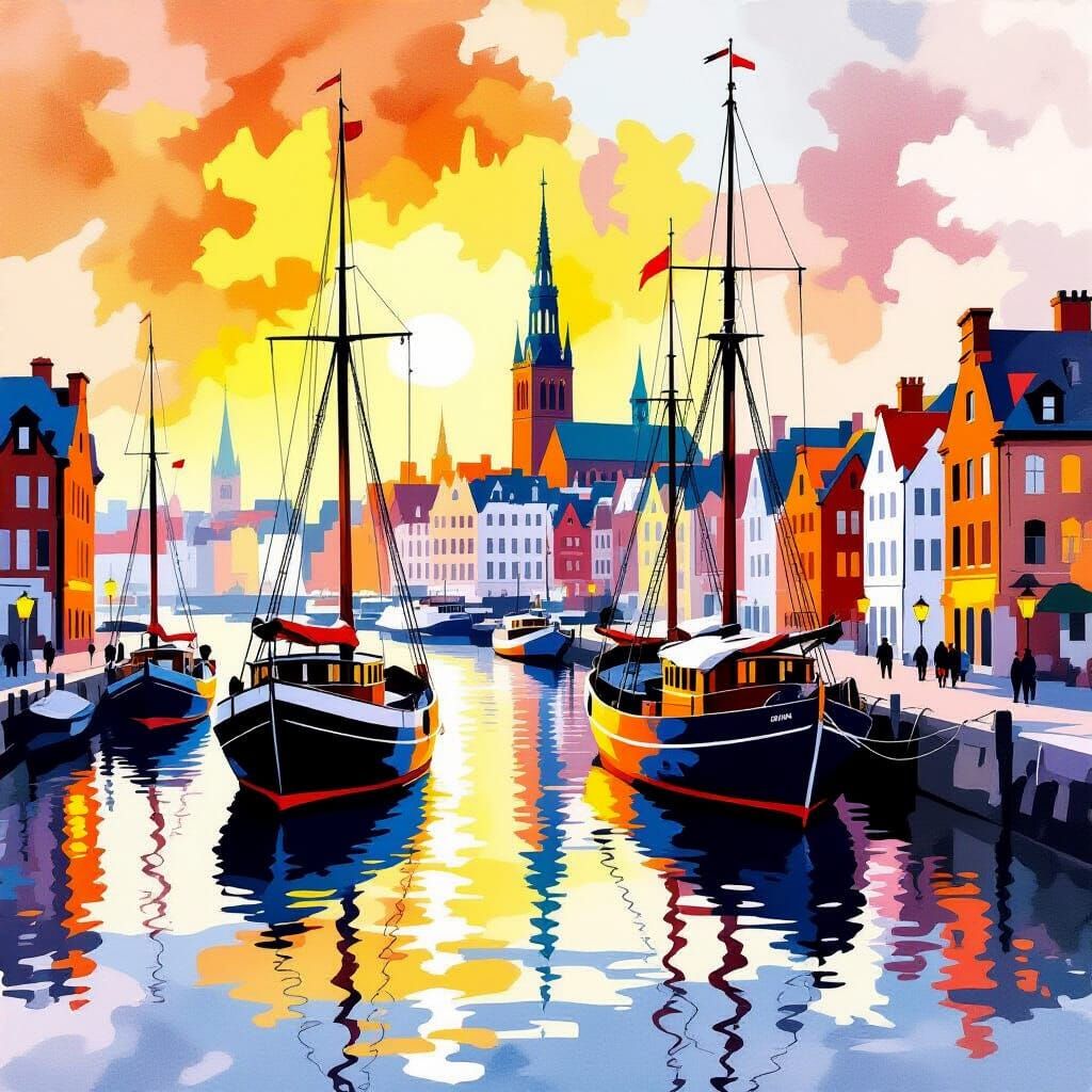 Vibrant Harbor Scene Digital Painting in Impressionistic Sty...