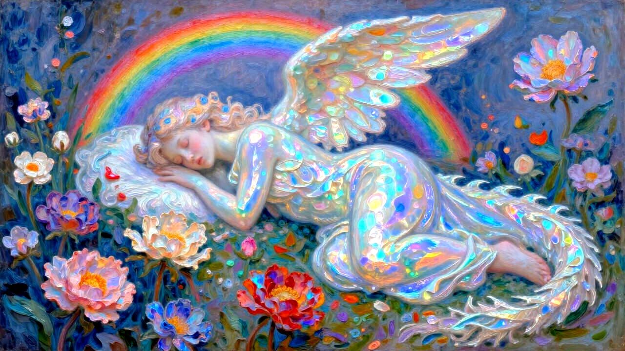 Radiant Angelic Dragon in Iridescent Flower Landscape