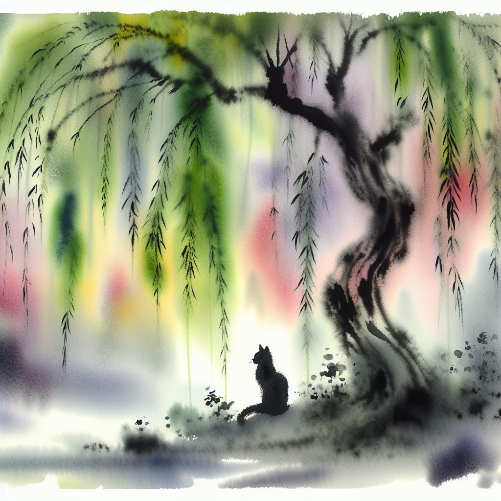 Weeping Willow and Cat in Ink Wash Painting