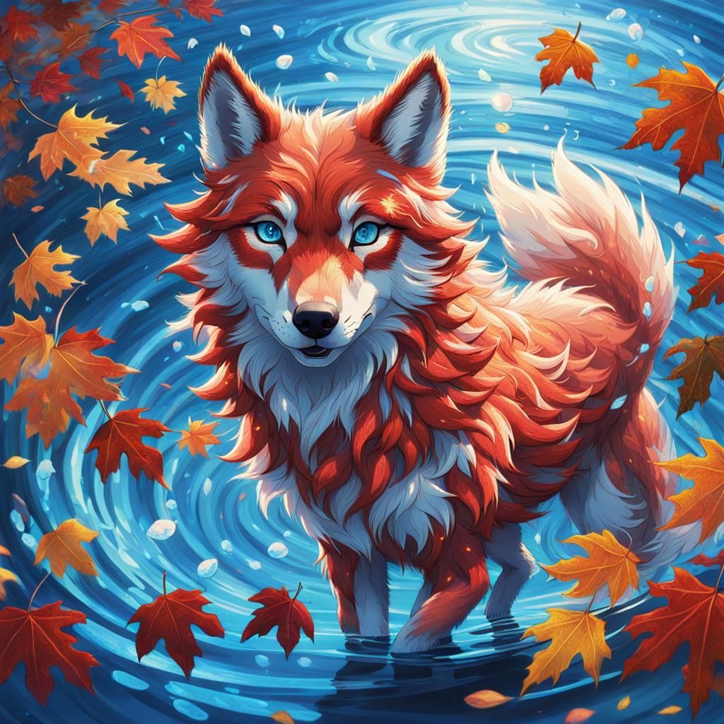 Red She-Wolf Dancing in Autumn Leaves, Miyazaki Style