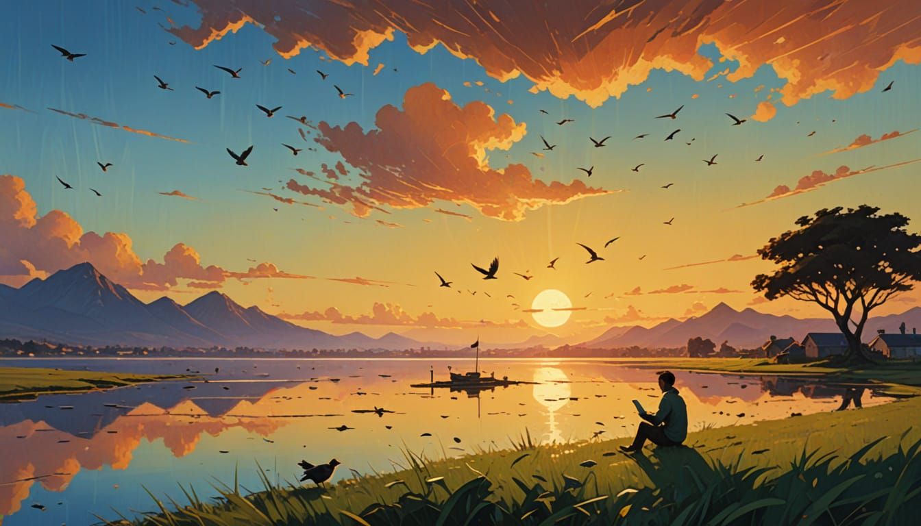 Birds on a Wire at Sunset: Digital Artwork