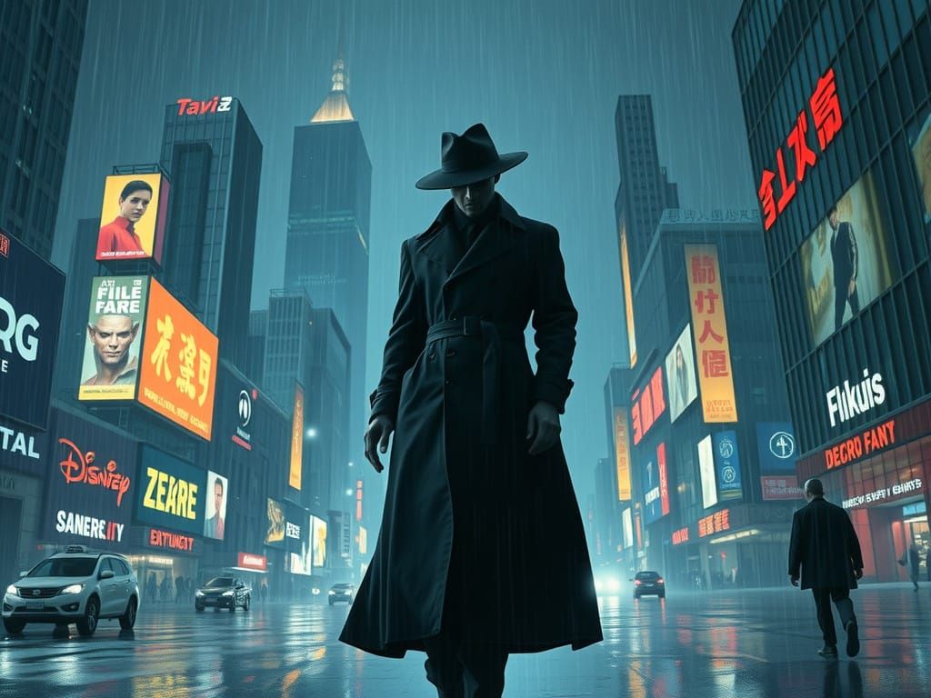 Lone Figure Walks Under Neon Rain in Cyberpunk Alien Metropo...