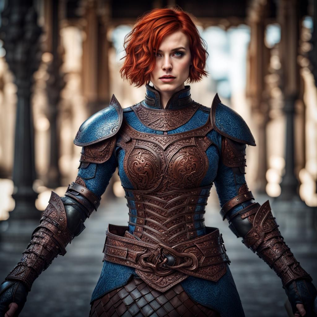 Redhead Woman in Leather Armor: Hyperrealistic Portrait