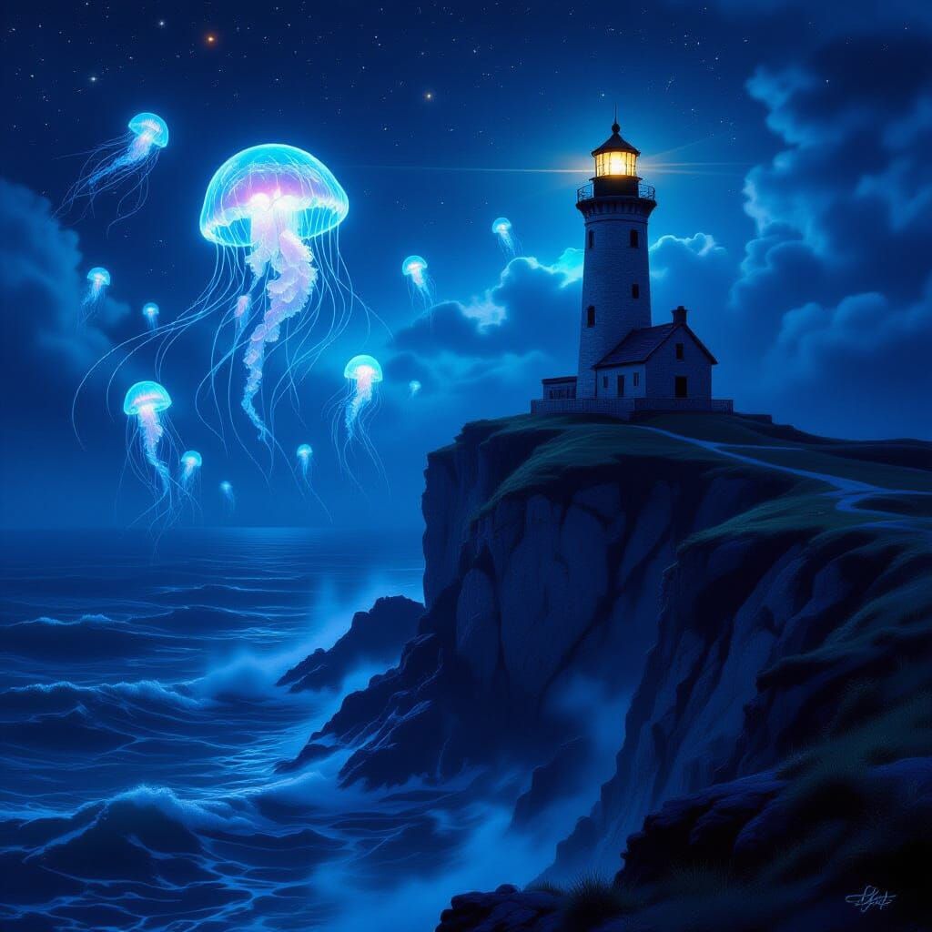 Ancient Lighthouse on Stormy Sea with Bioluminescent Jellyfi...