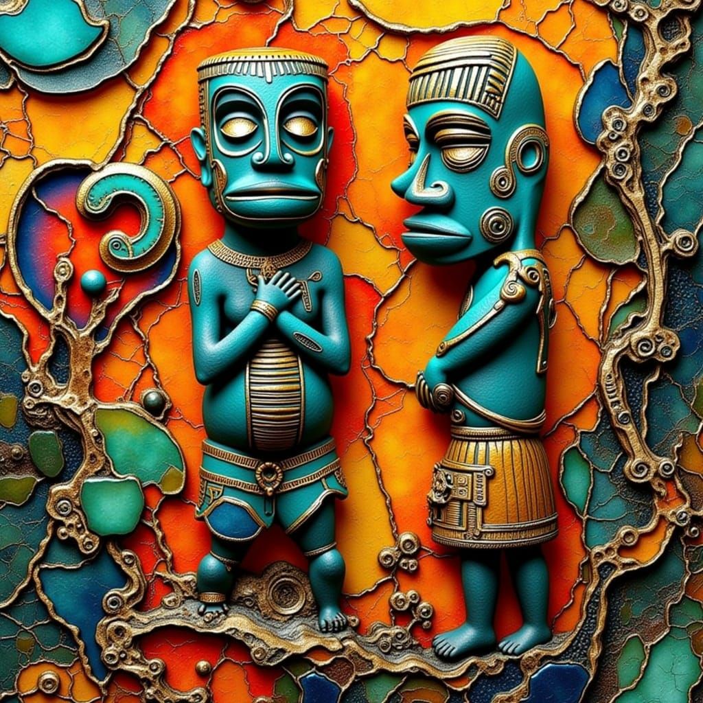 Vibrant Tiki Collage Art with Layered Textures