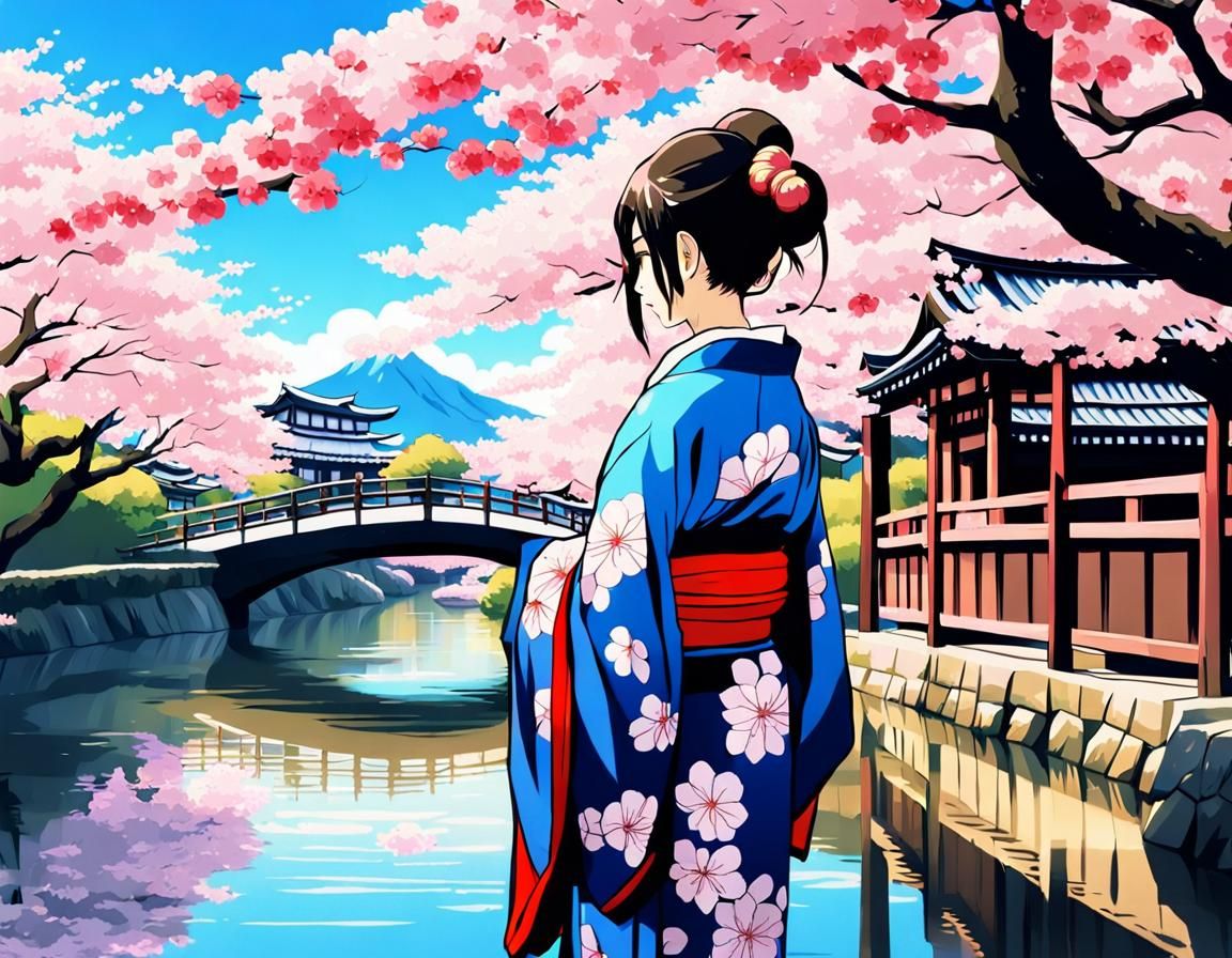 Japanese Woman in Kimono Under Sakura Tree: Anime Style