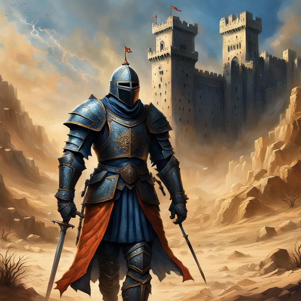 Epic Knight Walks Before Desert Castle