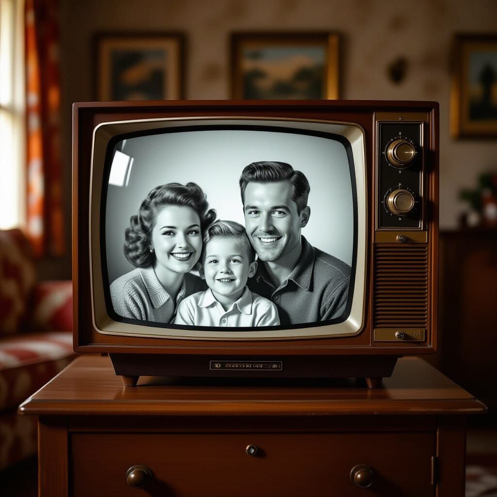 Vintage TV Displays Smiling Family in Retro Living Room