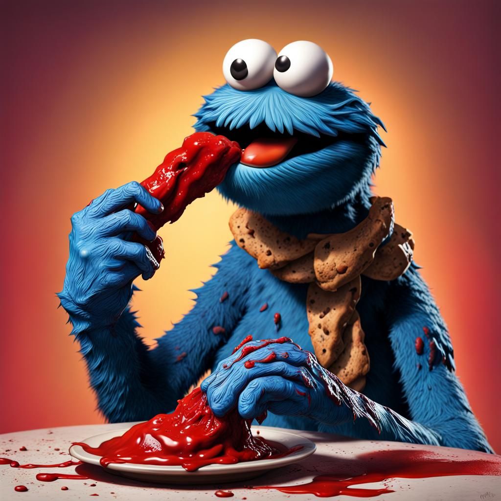 Hyperrealistic Cookie Monster Eating Bloody Arm