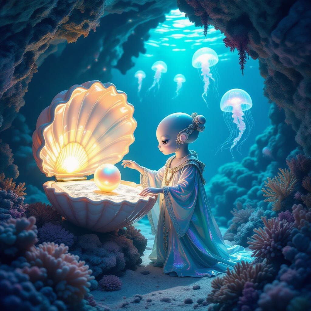 Octopus Librarian in Coral Cavern with Glowing Pearl