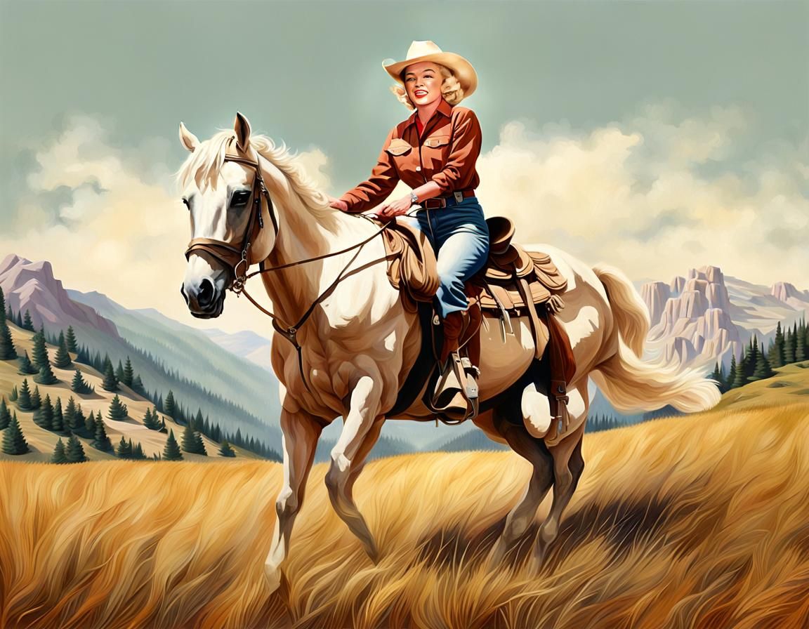 Marilyn Monroe Cowgirl on Palomino Horse, Photorealistic Pai...