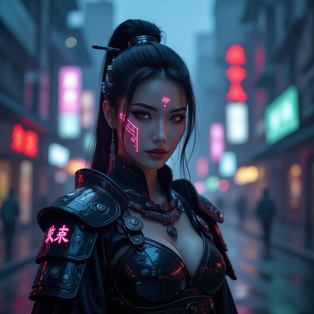 Cybernetic Samurai Queen in Neon Cityscape