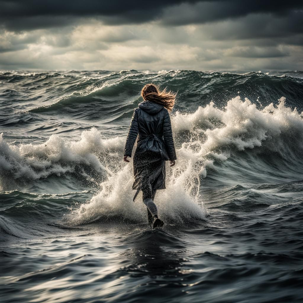 Woman Walking on Water in Rough Seas