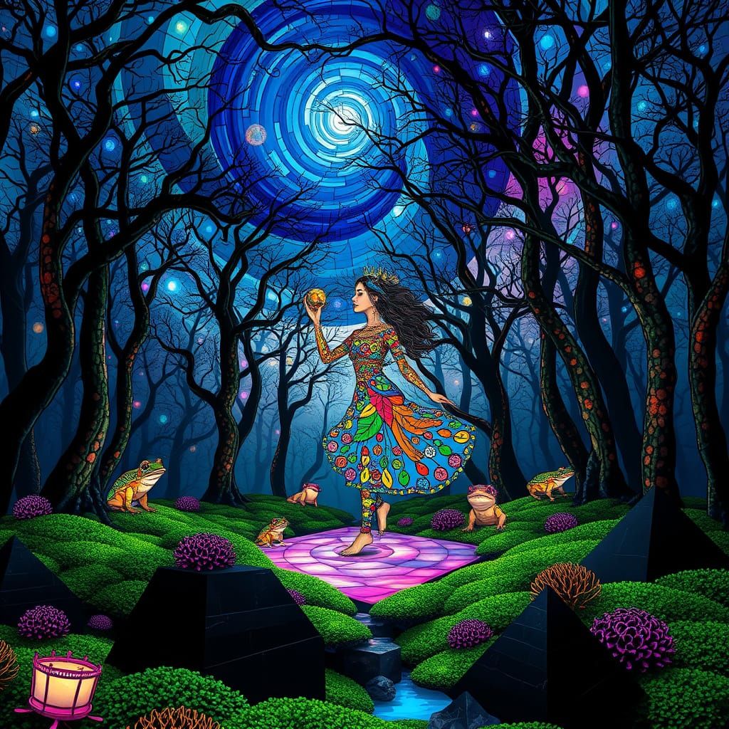 Stained Glass Forest Glade with Bioluminescent Moss