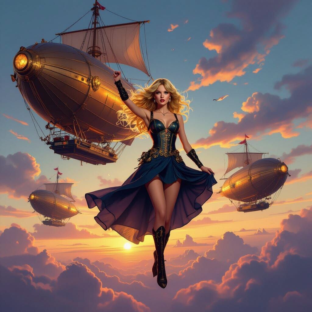 Taylor Swift Soars Above Steampunk Airships at Twilight
