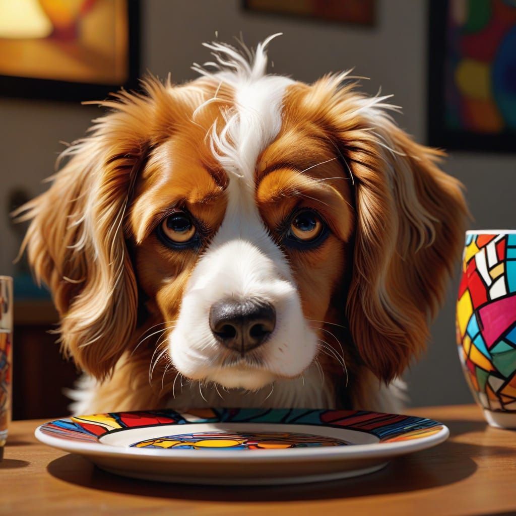 Sad Puppy with Empty Bowl in Cubist Style