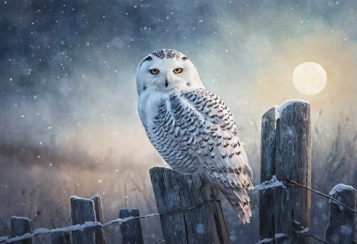 Snowy Owl in Moonlight Watercolor Painting