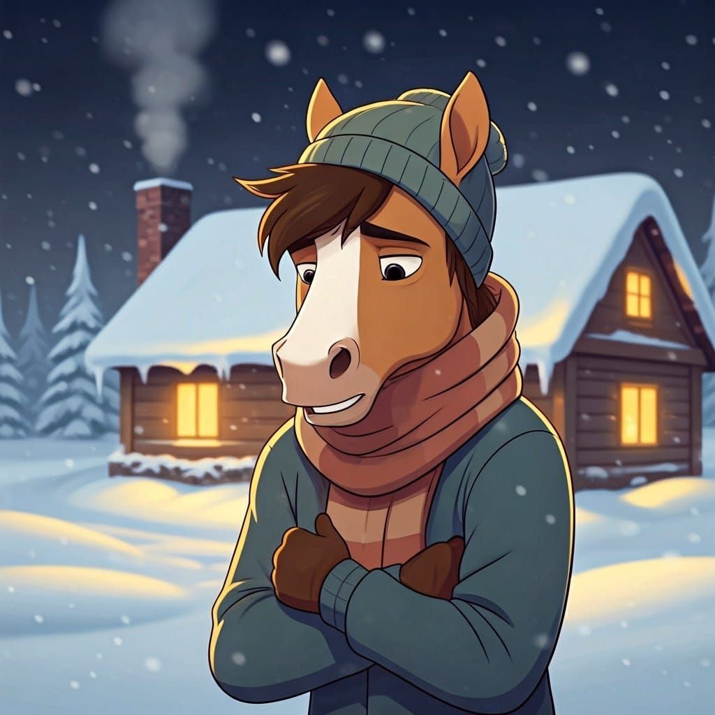 Young Horse Stands in Snowy Village