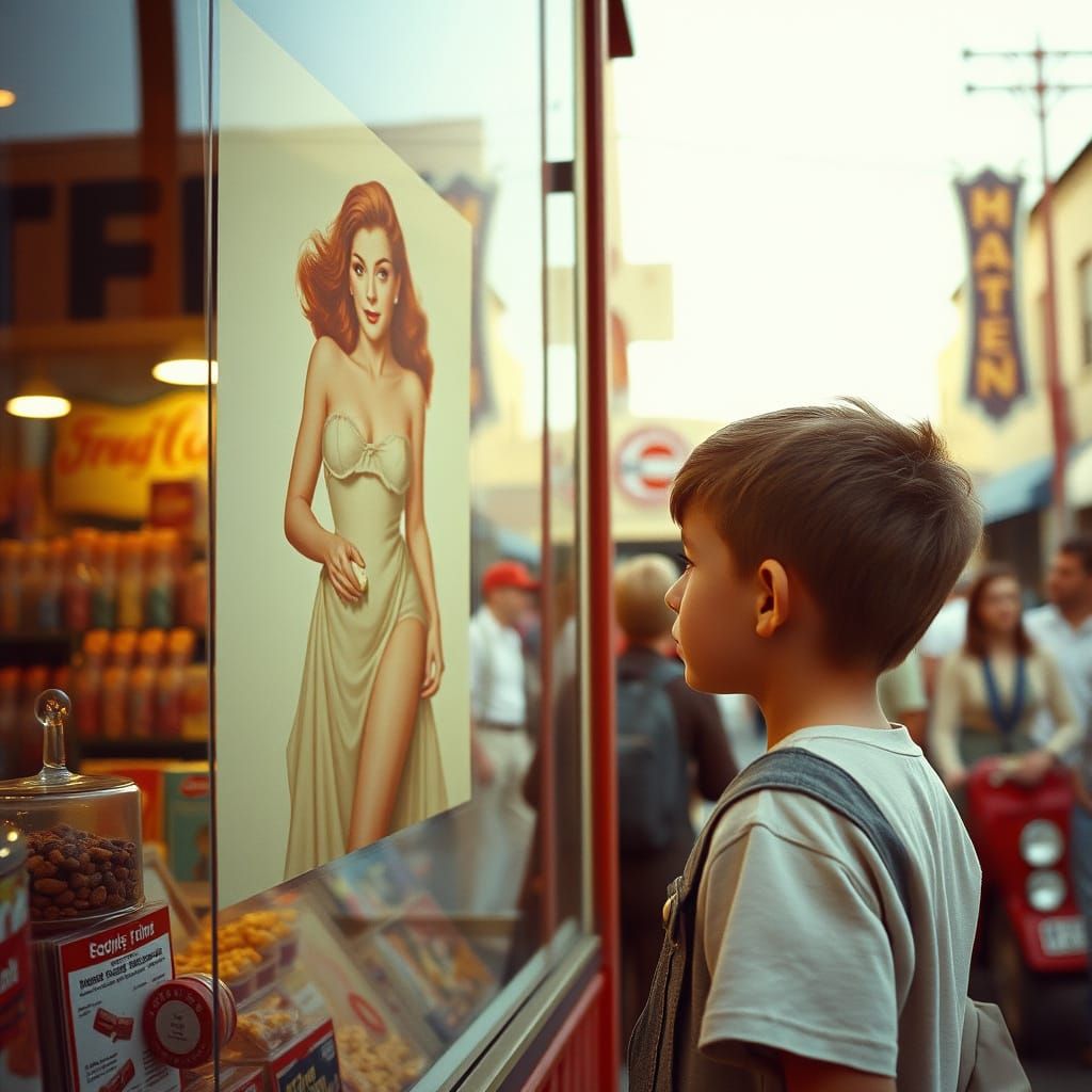 Young Boy Enthralled by Vintage Candy Shop Window