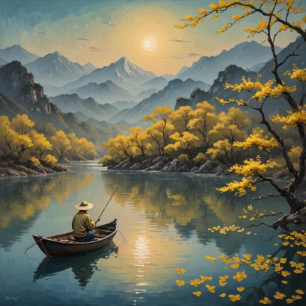 Chinese Fisherman at Dusk: An Impasto Oil Painting