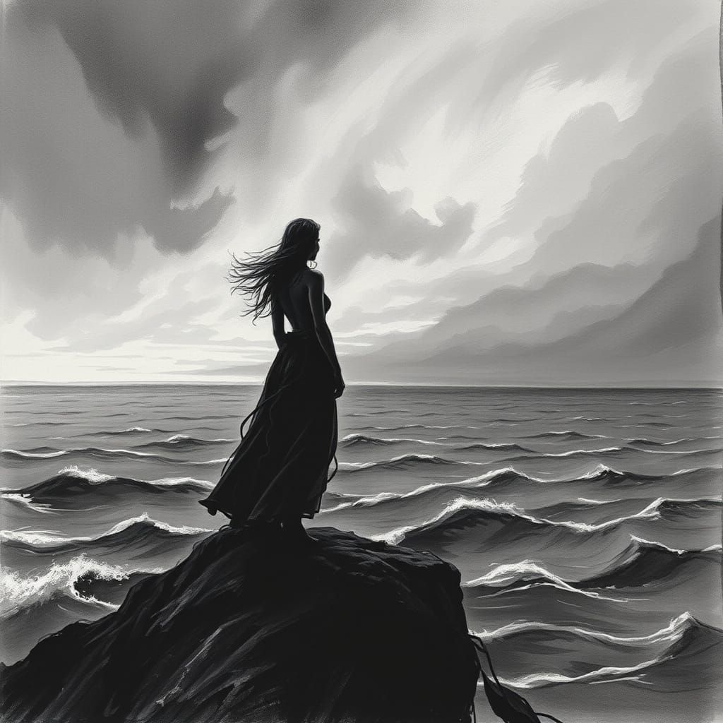 Woman on Windswept Cliff Overlooking Turbulent Sea