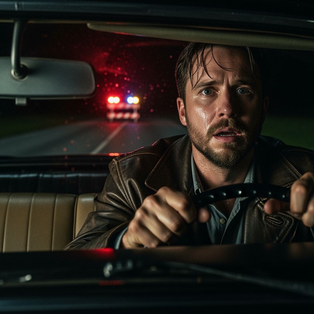 Tense Night Drive with Police Lights, Cinematic Style