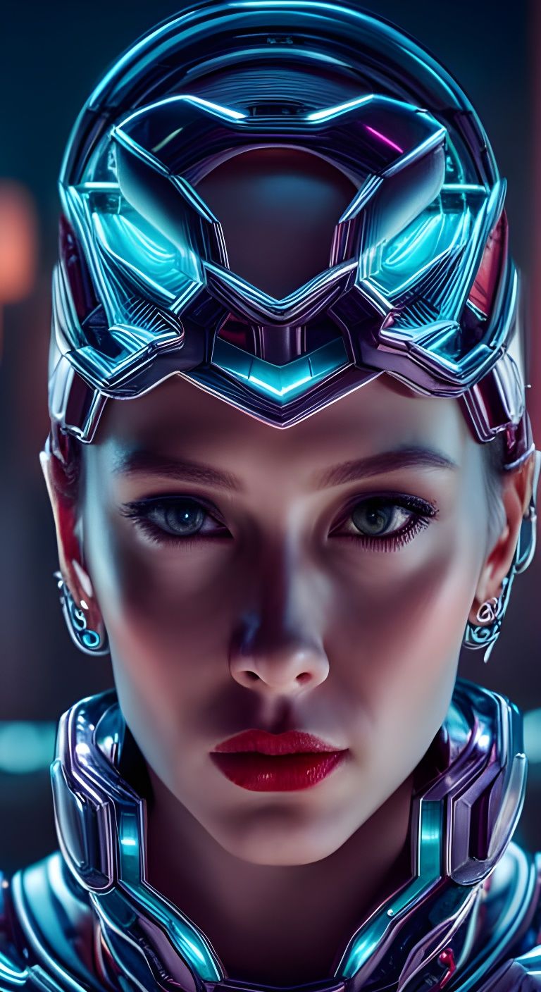 Portrait of a cyborg girl wearing futuristic face armor in a neon city at night