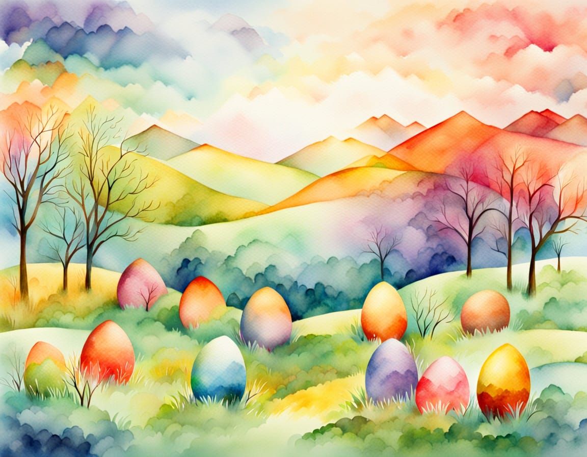 Ethereal Easter Egg Watercolor Landscape in Vibrant Abstract...