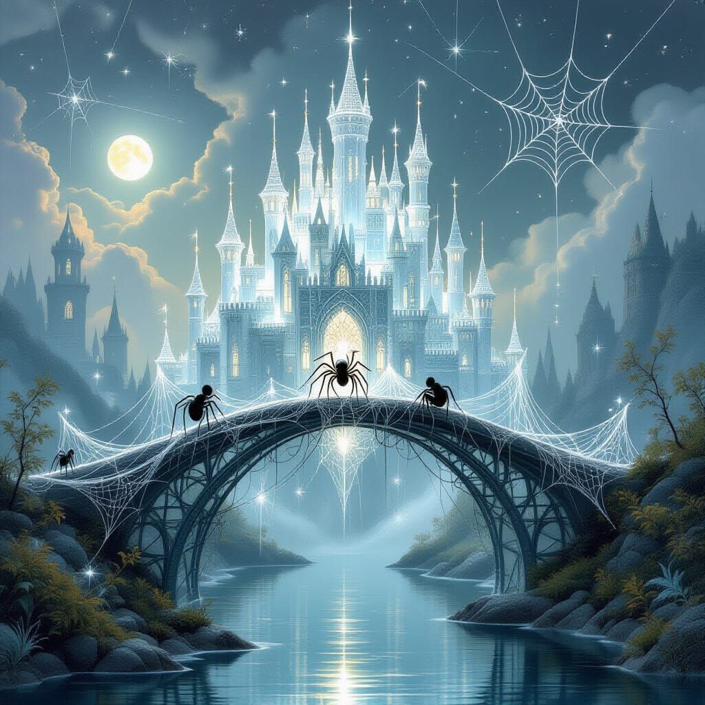 Ethereal Spider Silk Castle Illuminated by Bioluminescence