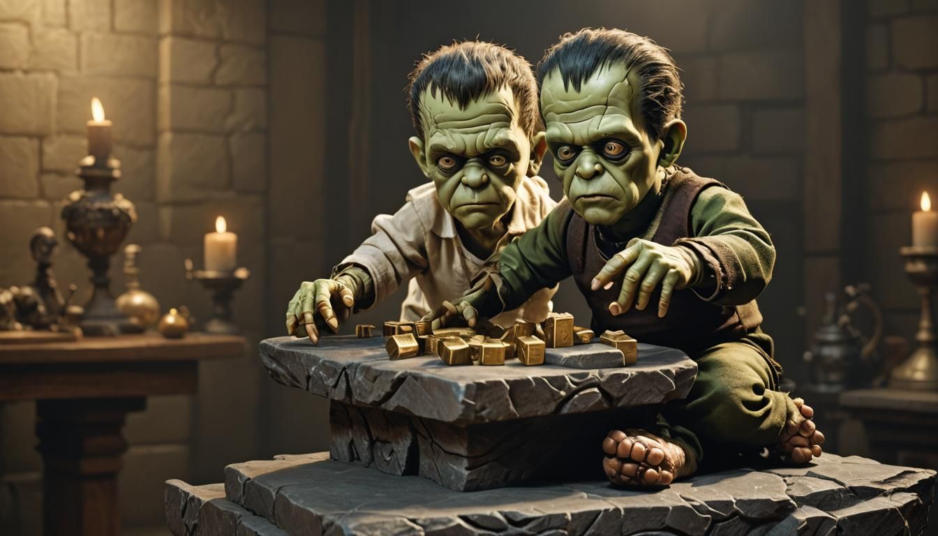 Baby Frankenstein's Monster in Dim Laboratory: Digital Art