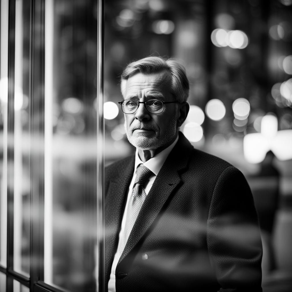 Middle Aged Man's Reflection in Professional Black and White...