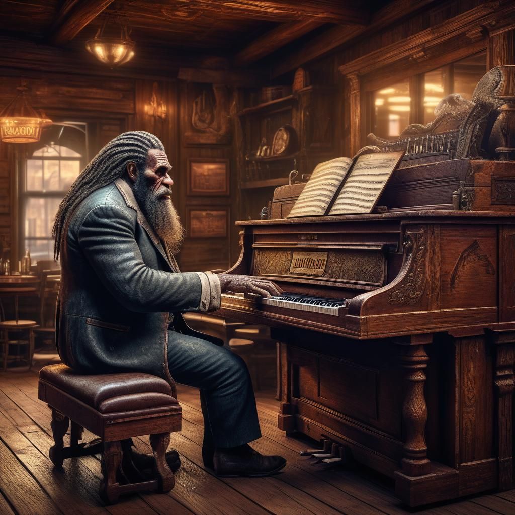 Bigfoot Plays Piano in Fantasy Saloon, Hyperrealistic