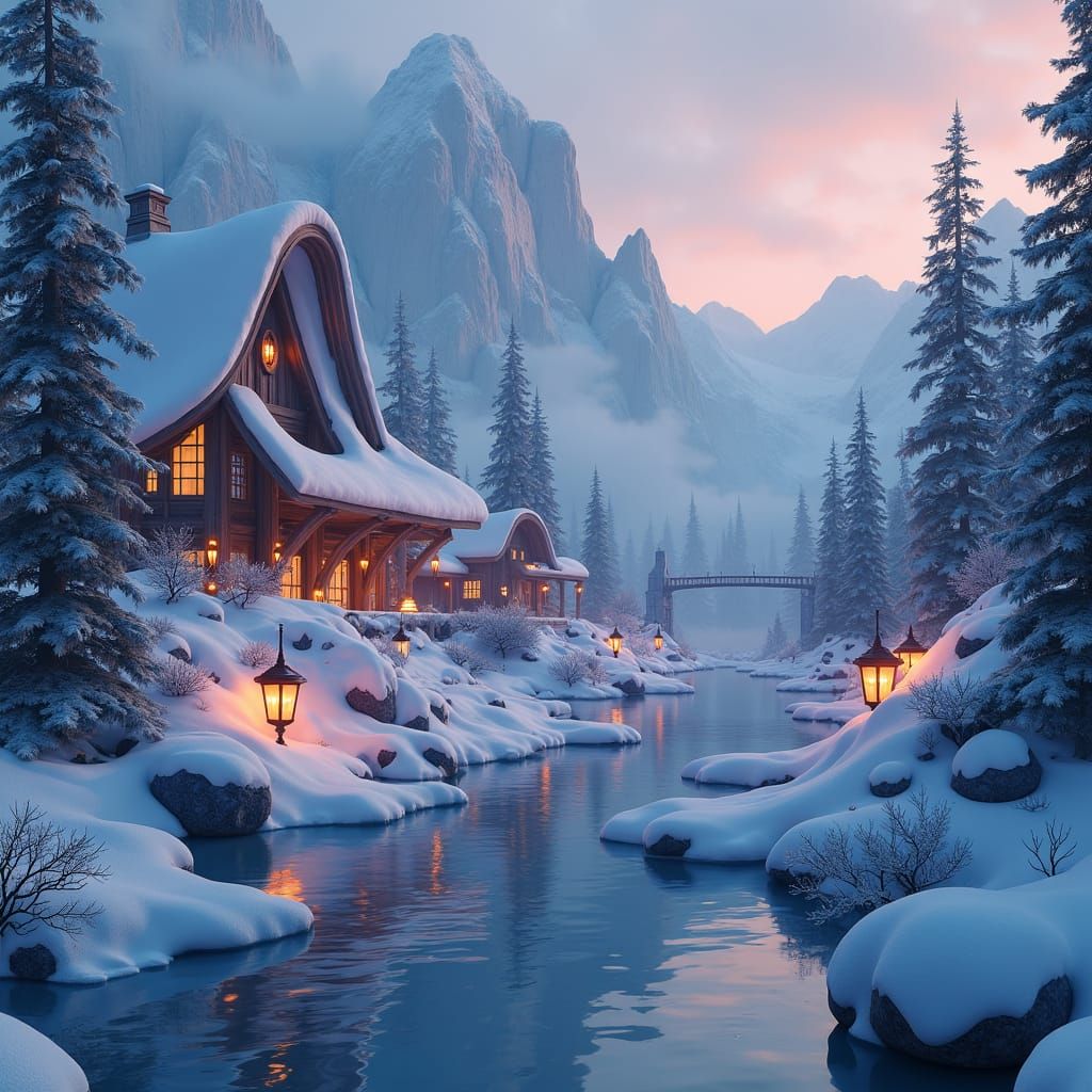 Enchanted Winter Wonderland at Dusk in Matte Painting Style