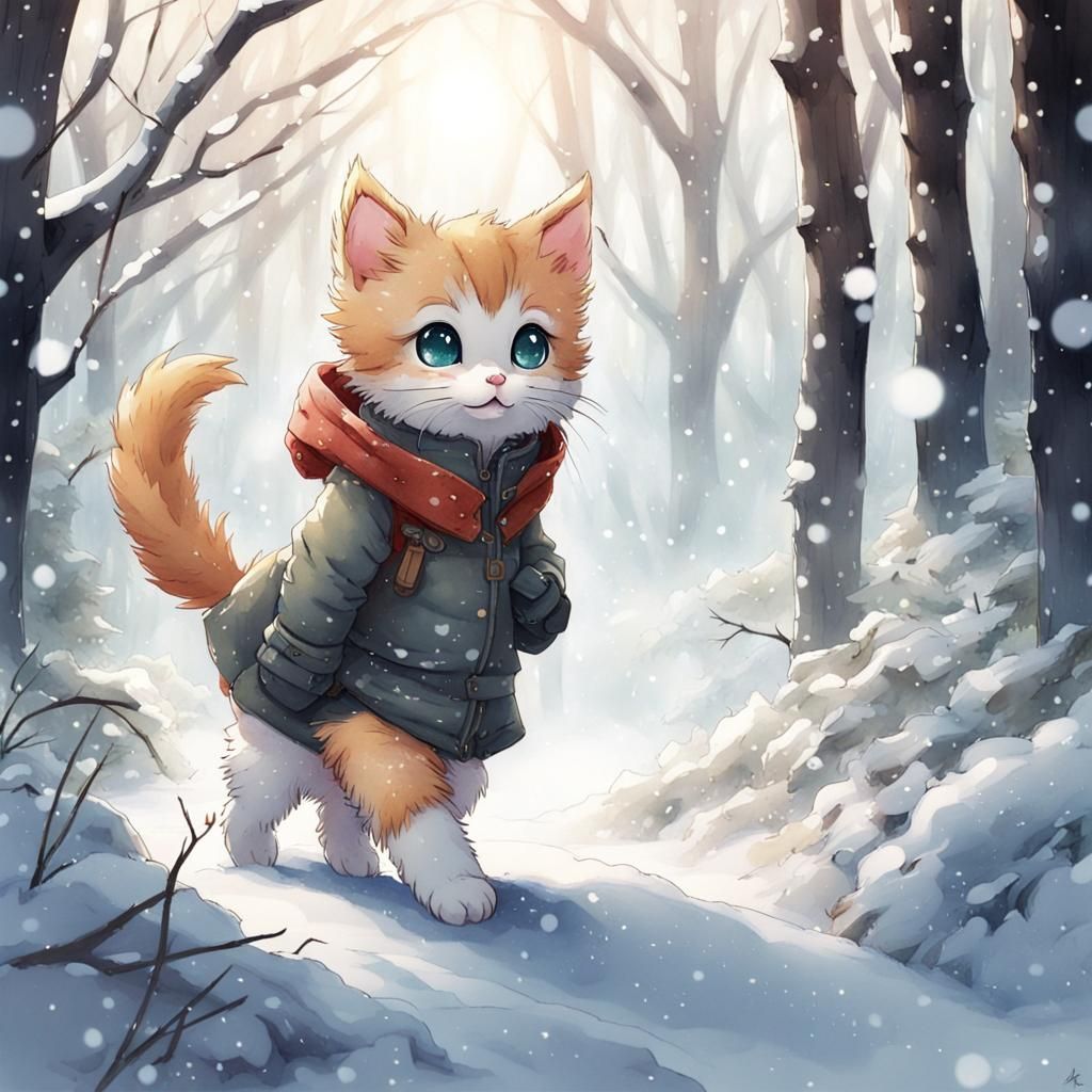 Kitten's Snowy Forest Adventure: Anime-Inspired Mixed Media