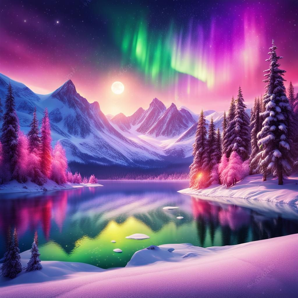 Fantasy Winter Landscape with Aurora Borealis