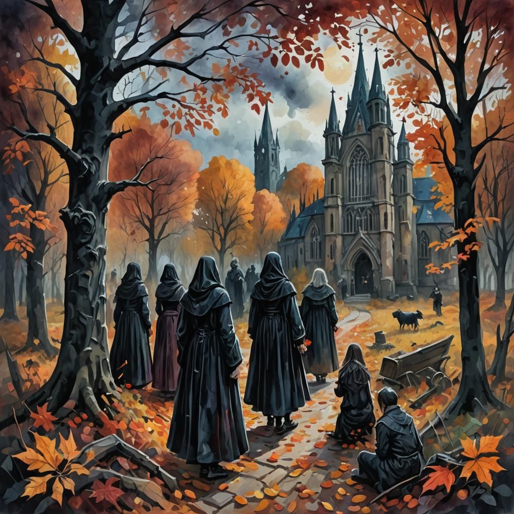 Gothic Autumn Cult in Gouache Watercolor Style