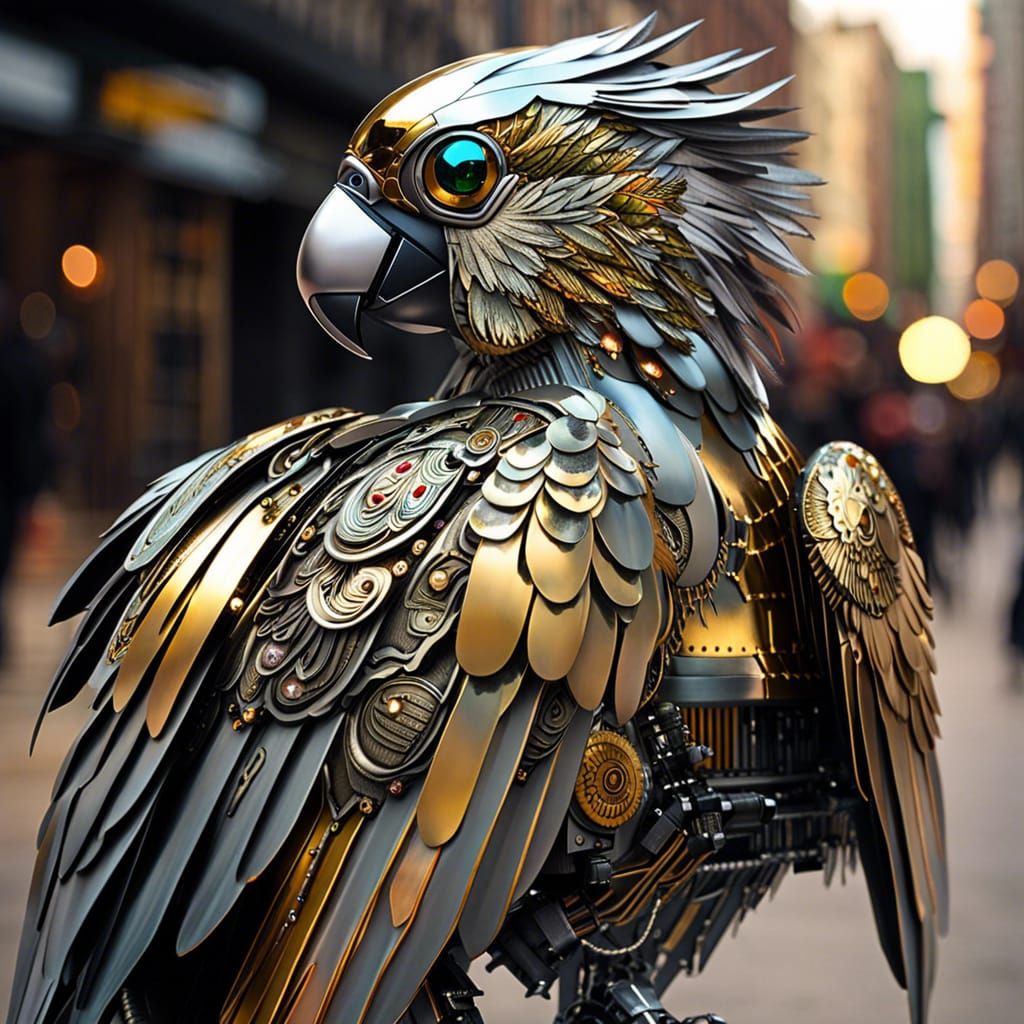 Robot Parrot Consumes Circuit Board: Photorealistic Art