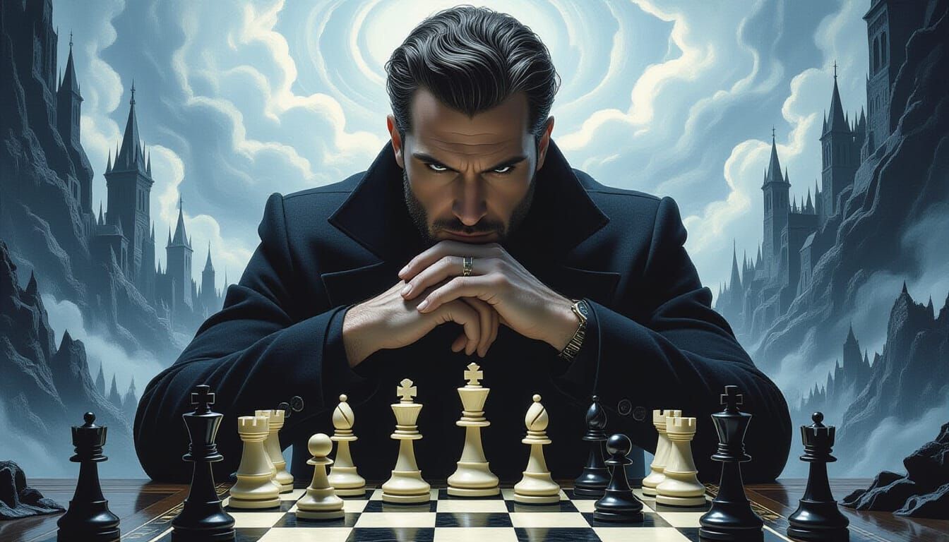 Grandmaster Contemplates Chess Move in Gothic Horror Style