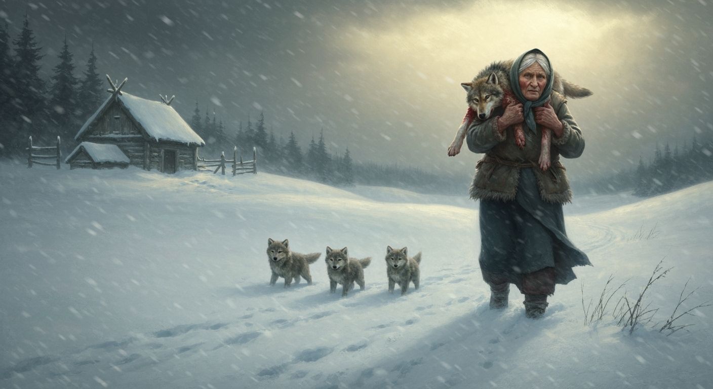 Elderly Woman Carries Wolf Through Blizzard