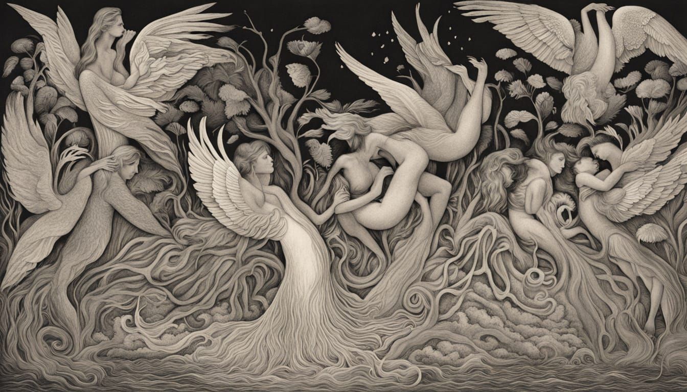 Ethereal Women in Art Nouveau Gowns Sing with Swans in Dream...
