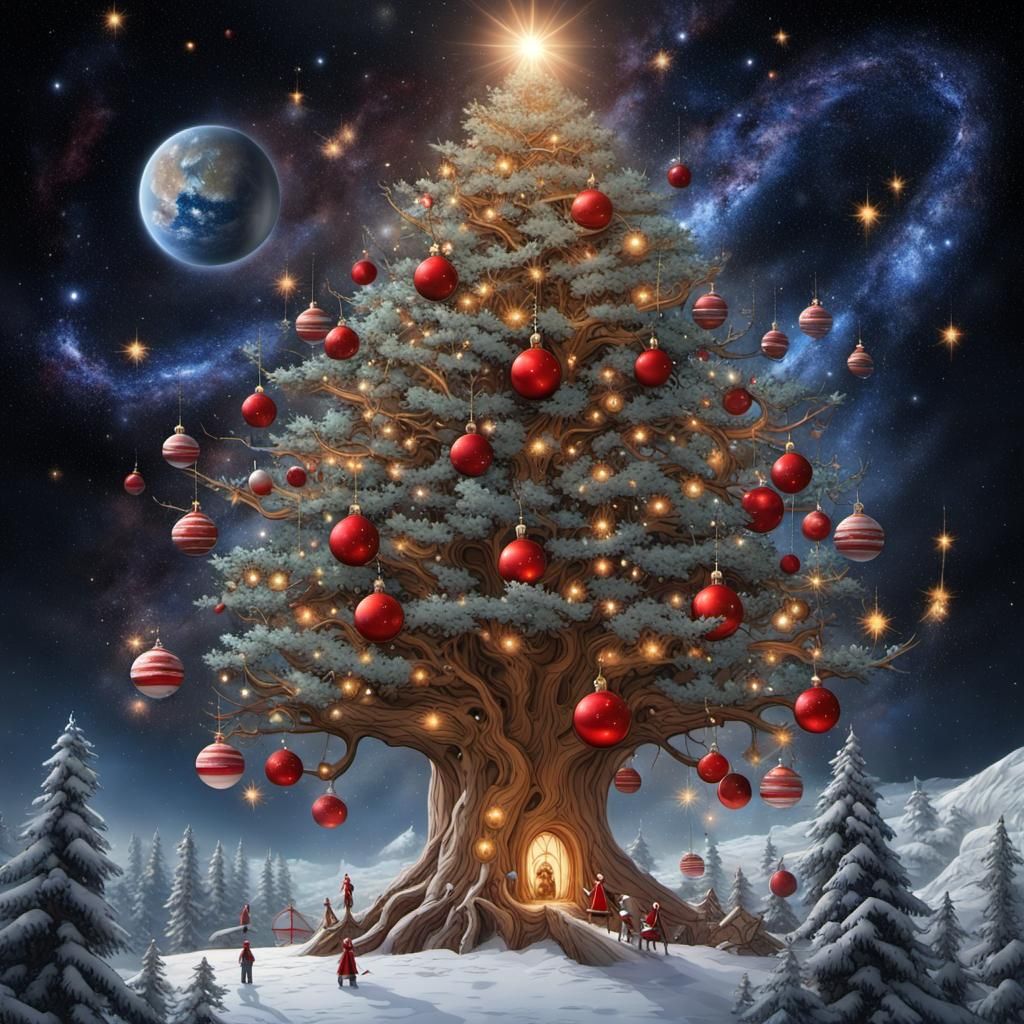 Christmas Tree Reaching for the Stars with Elves