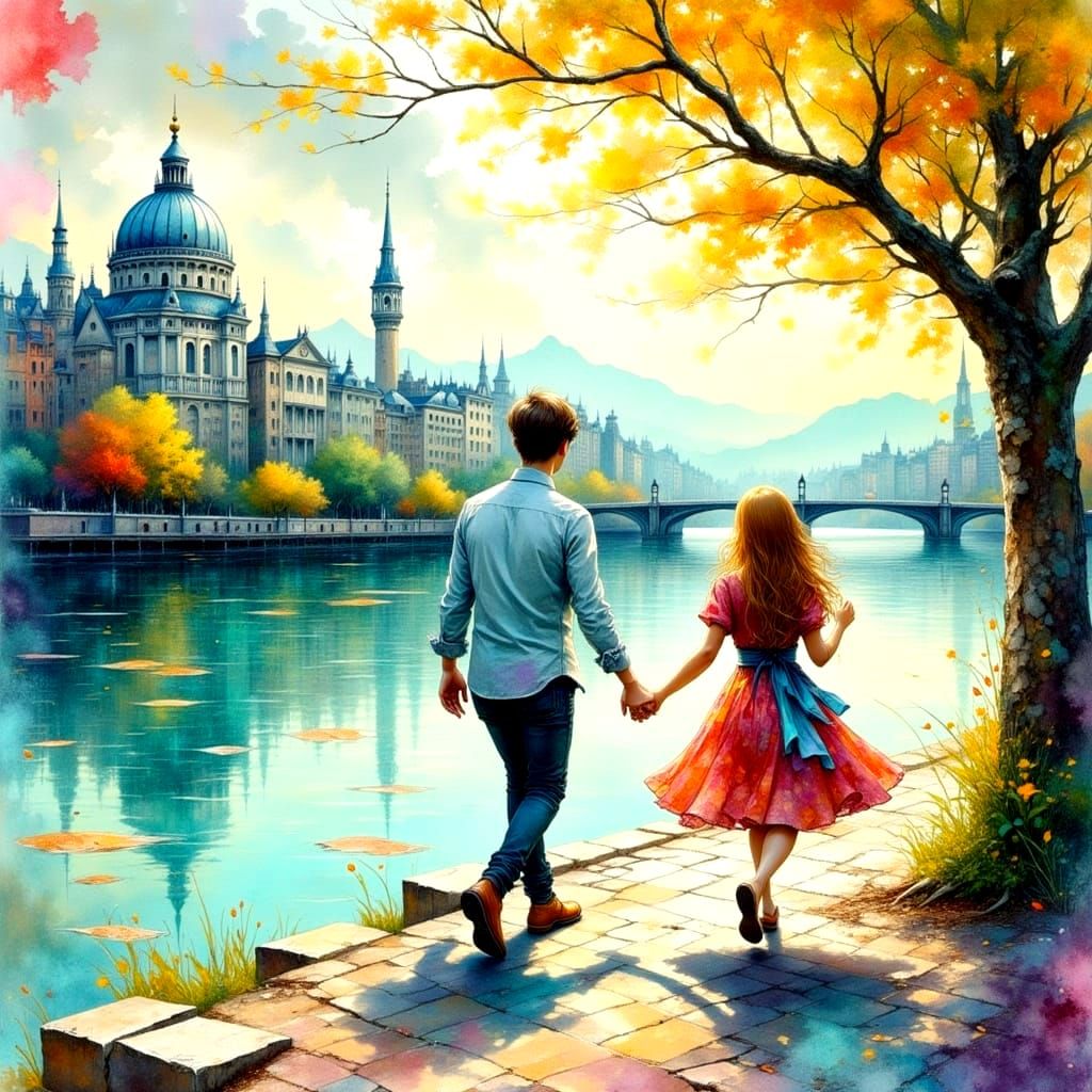 Riverside Staircase: Digital Watercolor Impasto Illustration