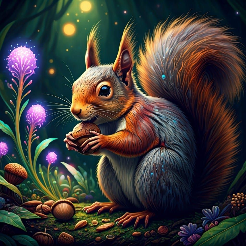 Squirrel in Vibrant, Enchanted Forest