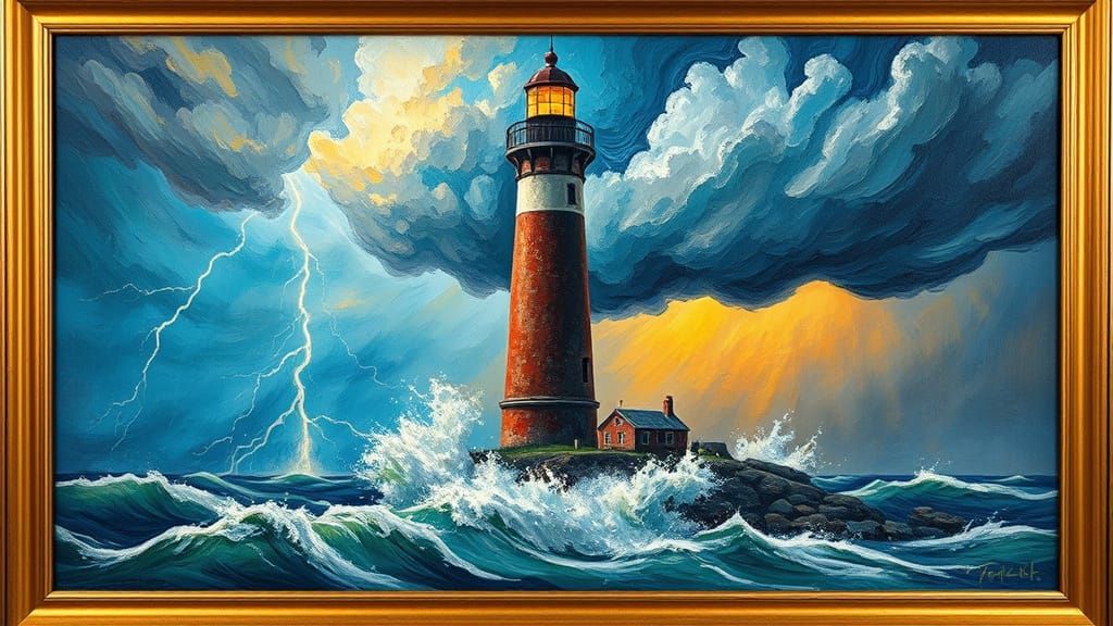 Lighthouse in Raging Storm: Impasto Oil Painting